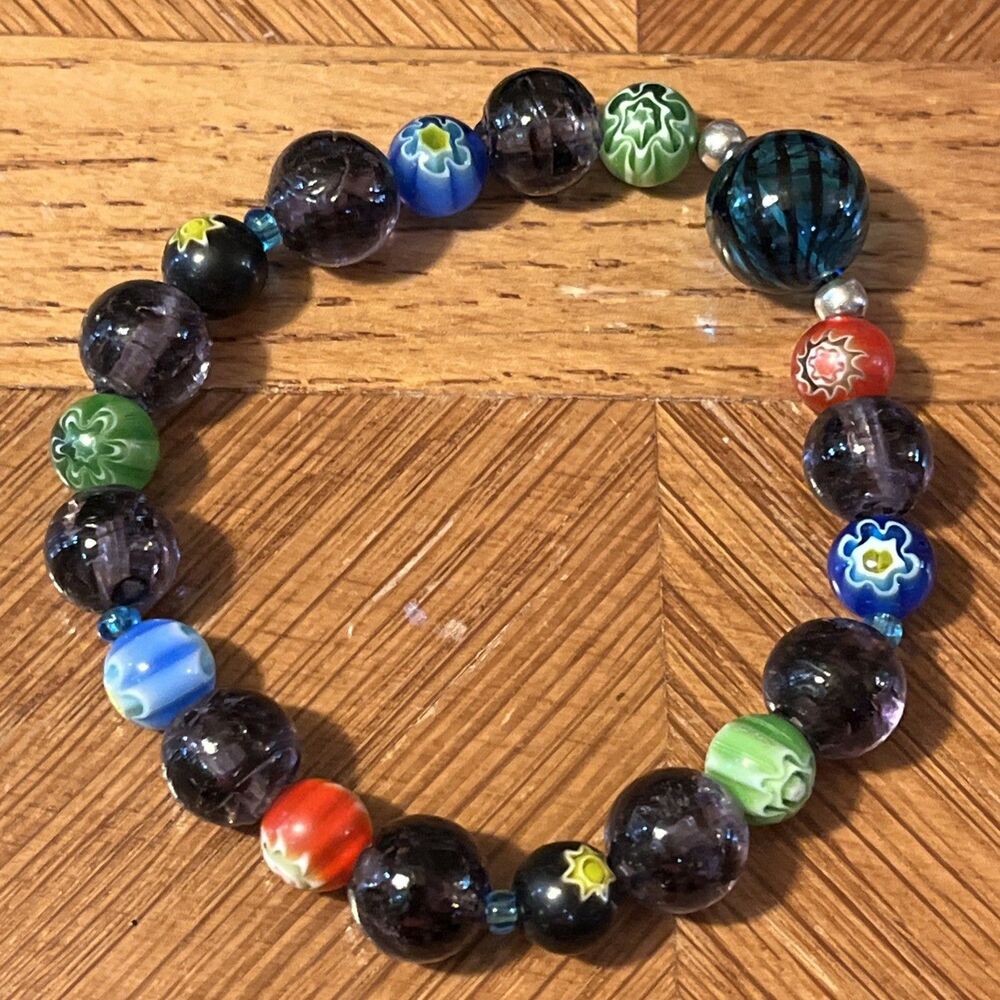 Venetian Art Glass Millefiori Swirl Optic Beaded Stretch Elastic Bracelet